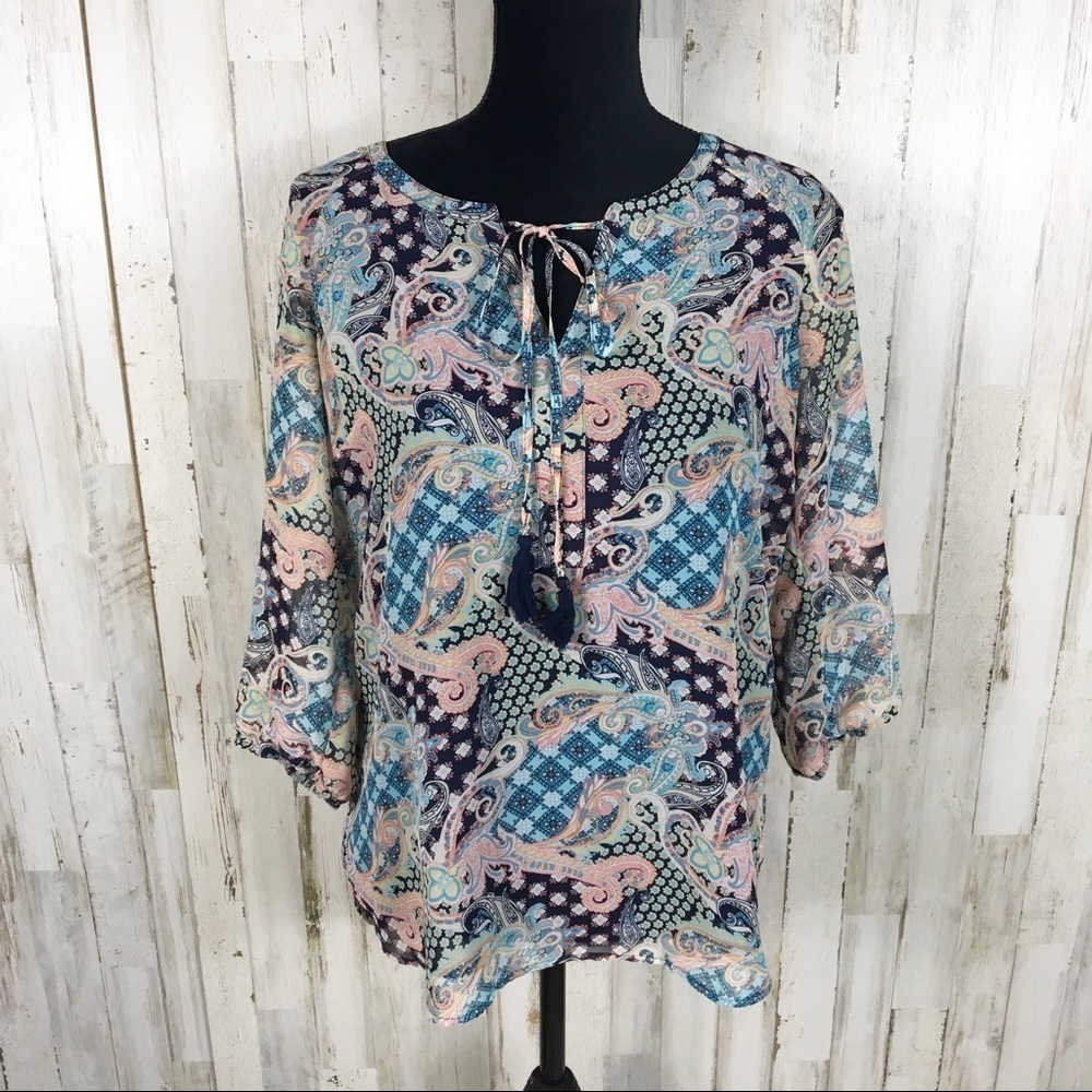 Daniel Rainn Paisley Boho Chic Tassel Blouse Top S v6x